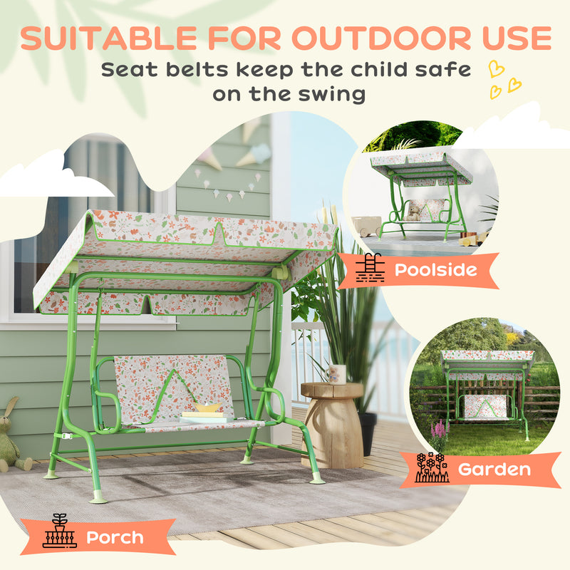 Kids 2 Seater Garden Swing Chair with Adjustable Canopy and Safety Belt in Green by AIYAPLAY