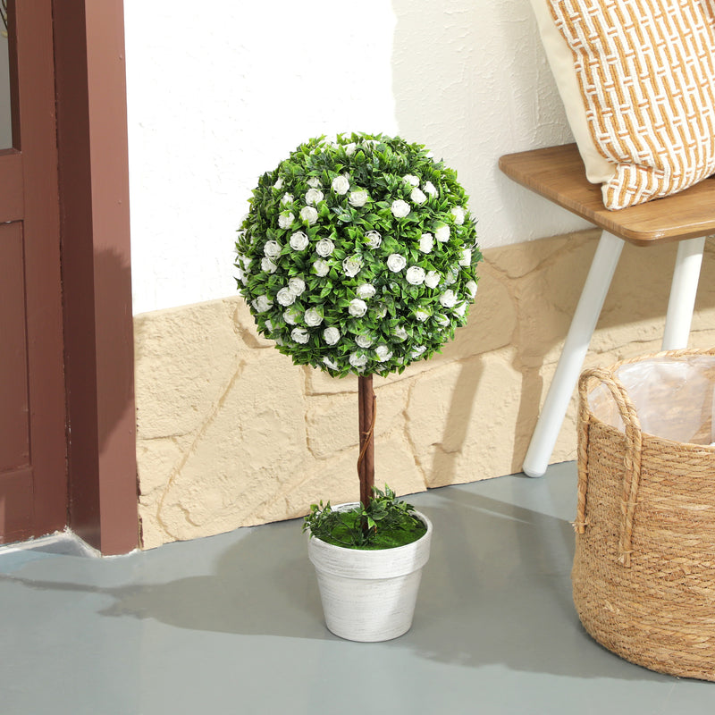 Set of 2 Artificial Topiary Trees with White Roses 60cm for Indoor and Outdoor by HOMCOM