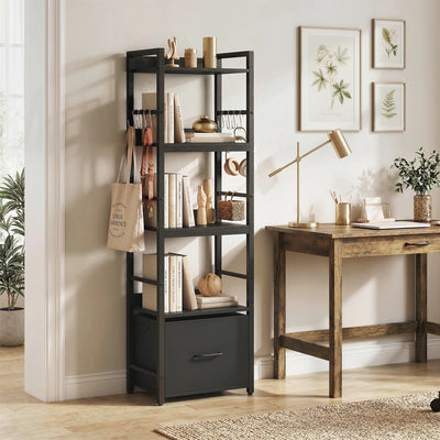 Slim Bookshelf with Drawer and Hooks for Small Spaces and Organised Storage Black AOSOM