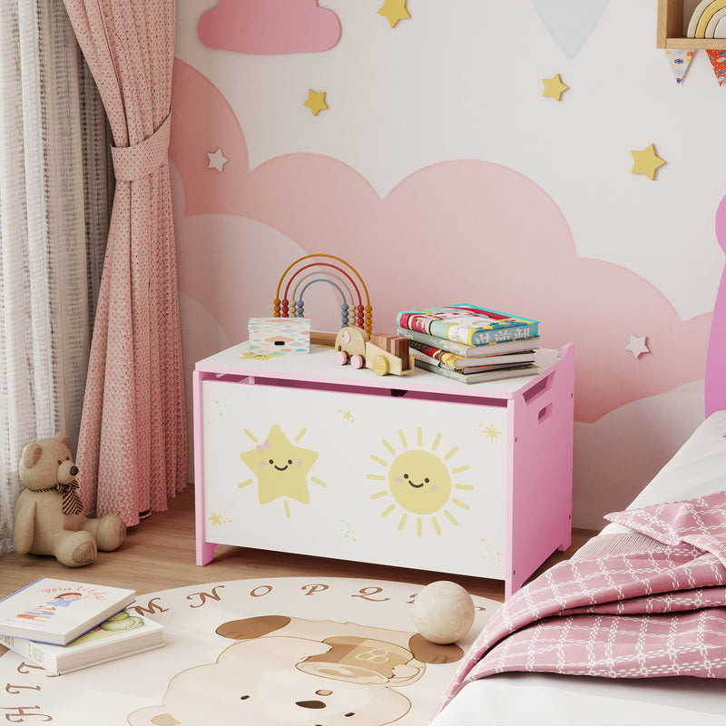 Kids Wooden Toy Storage Box with Safety Hinges and Handles for Playroom or Bedroom Pink 60x37x39 cm