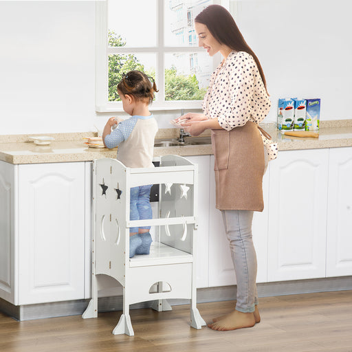 Kids Step Stool with Blackboard and Lockable Handrail for Kitchen Counter White by HOMCOM