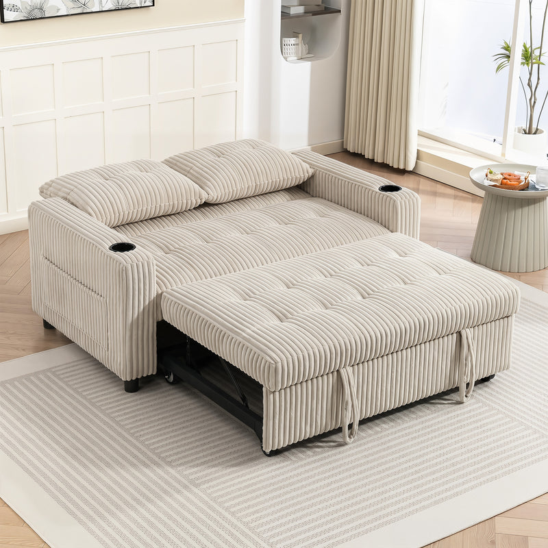 2 Seater Pull Out Sofa Bed with Cup Holders and Storage Pockets for Guests Cream White