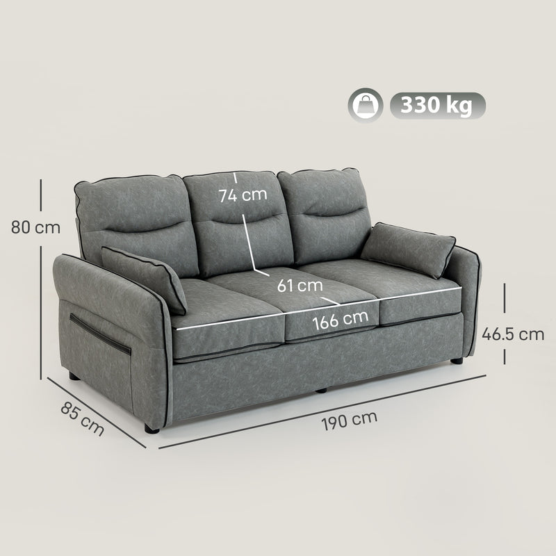 3 Seater Sofa, Dark Grey Faux Leather Sofa With Cushioned Seats For Lounge Or Living Room