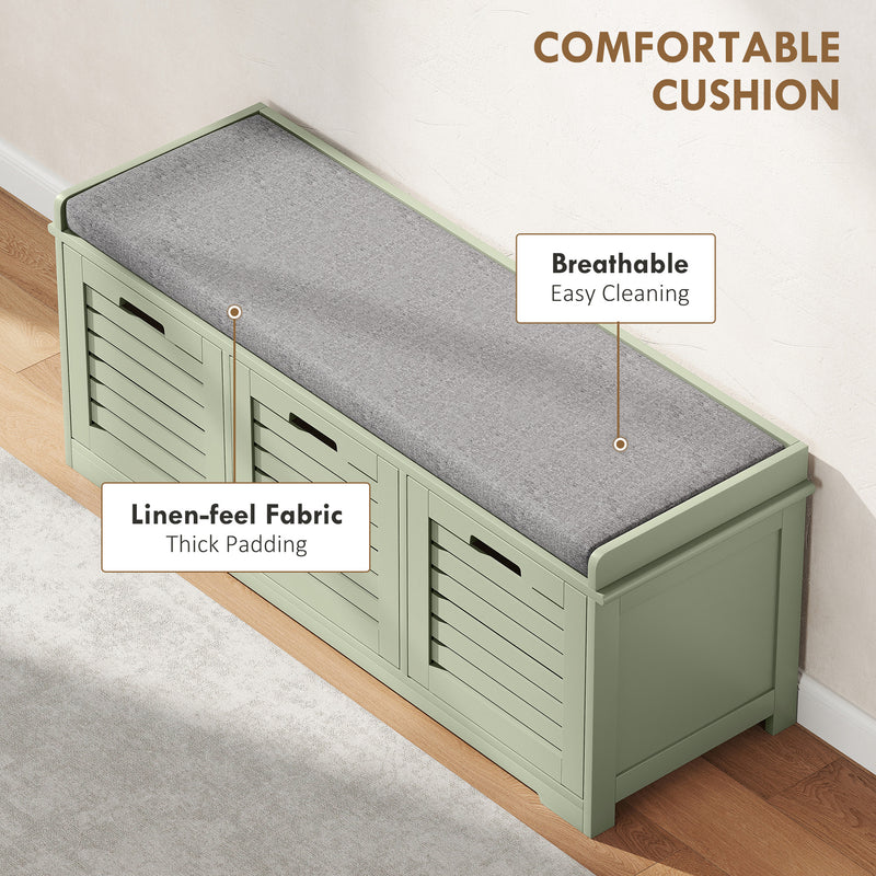 3 Drawer Green Shoe Storage Bench With Cushioned Seat Ideal For Hallway Or Entryway