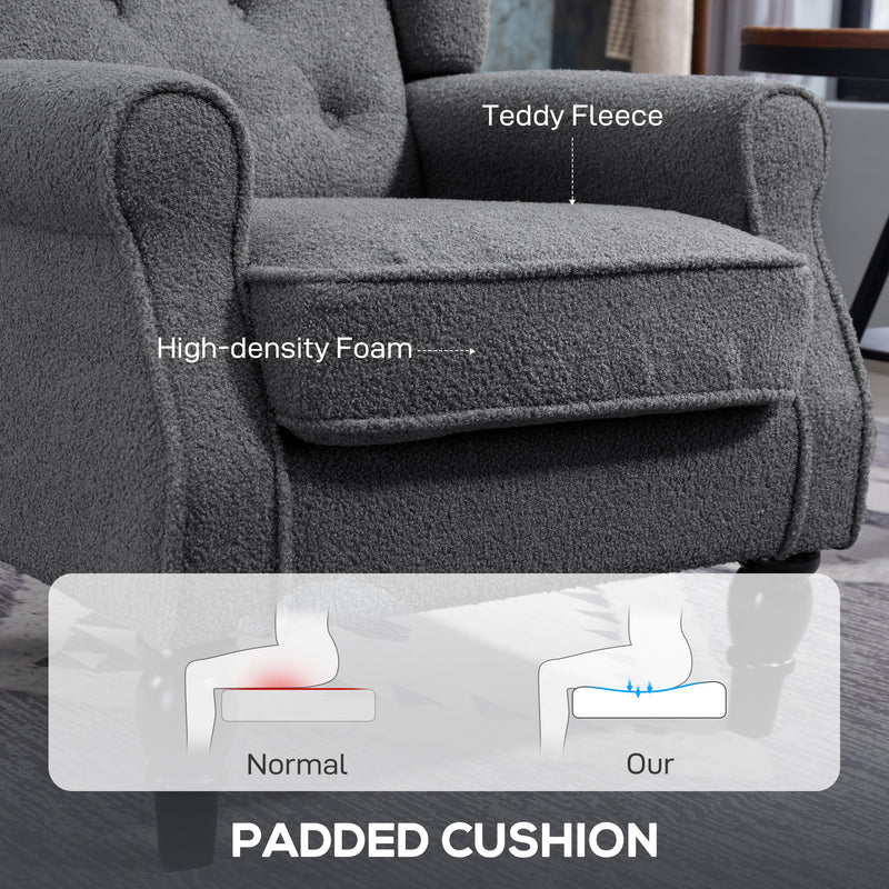Retro Wingback Armchair with Soft Teddy Fleece Upholstery for Living Room Comfort Grey