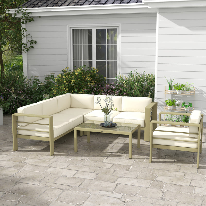 Gold Metal Garden Sofa Set 6 Seater Modular Design With Cushions And Glass Top Coffee Table Outsunny