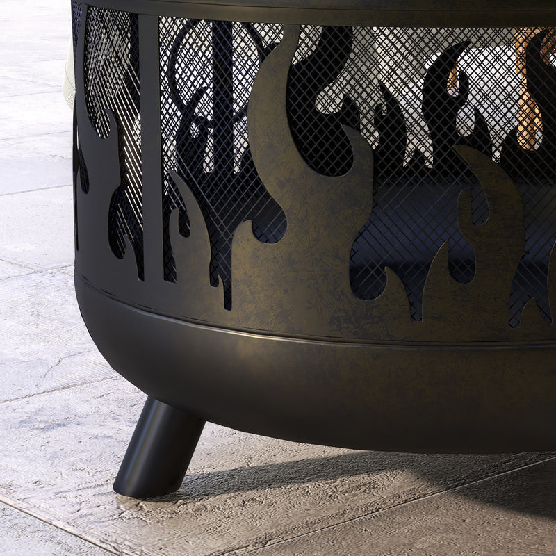 Black Steel Fire Pit BBQ With Poker For Garden Heating And Outdoor Cooking