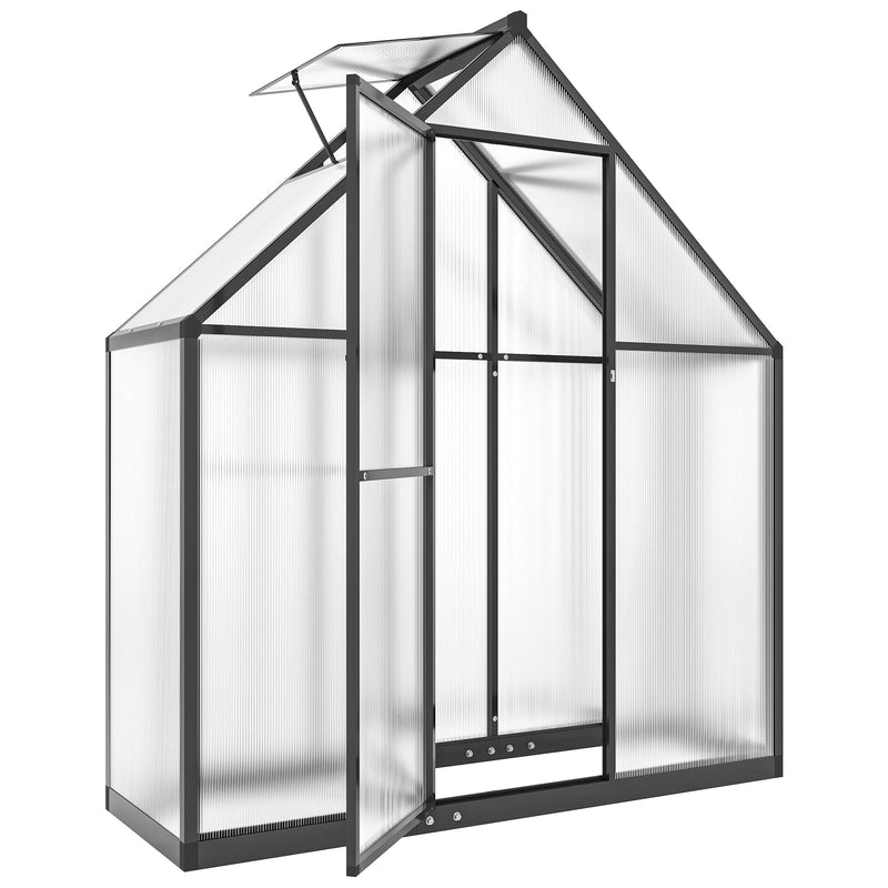Walk-In Polycarbonate Greenhouse | Swing Door, Roof Vent & Ground Stakes – Black Outsunny