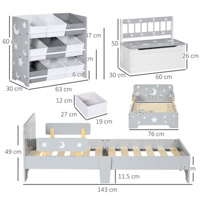 3 Piece Kids Bedroom Furniture Set with Bed Toy Box and Storage Baskets Grey AOSOM