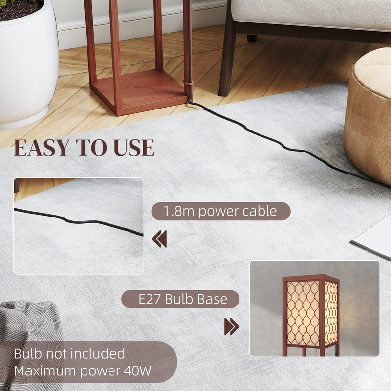 Brown Standing Floor Lamp With Three Shelves and White Fabric Shade for Living Room