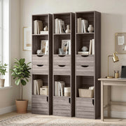 Slim Corner Bookcase with Shelves Drawers and Cabinet for Small Spaces Grey AOSOM