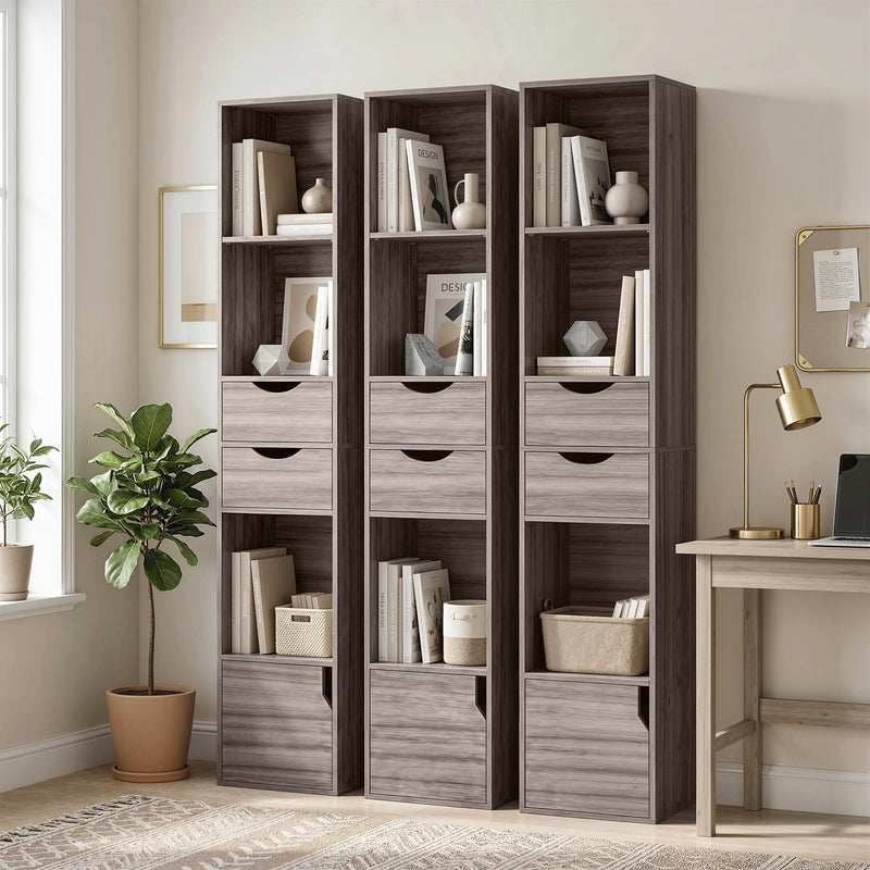 Slim Corner Bookcase with Shelves Drawers and Cabinet for Small Spaces Grey AOSOM