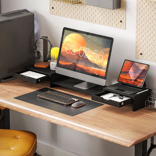 Dual Monitor Stand Riser with 2 Drawers Adjustable Length for PC Laptop and Printer Black by HOMCOM