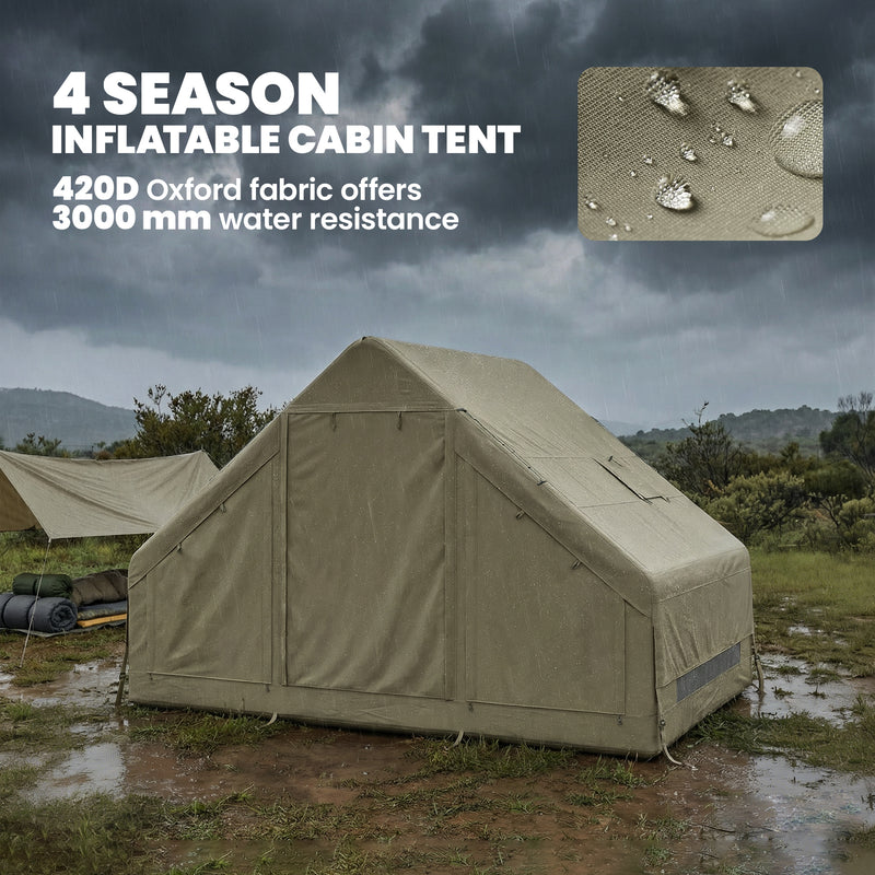 Inflatable Camping Tent With Pump, Stove Jack, Mesh Windows, 2–4 Person, Olive Green