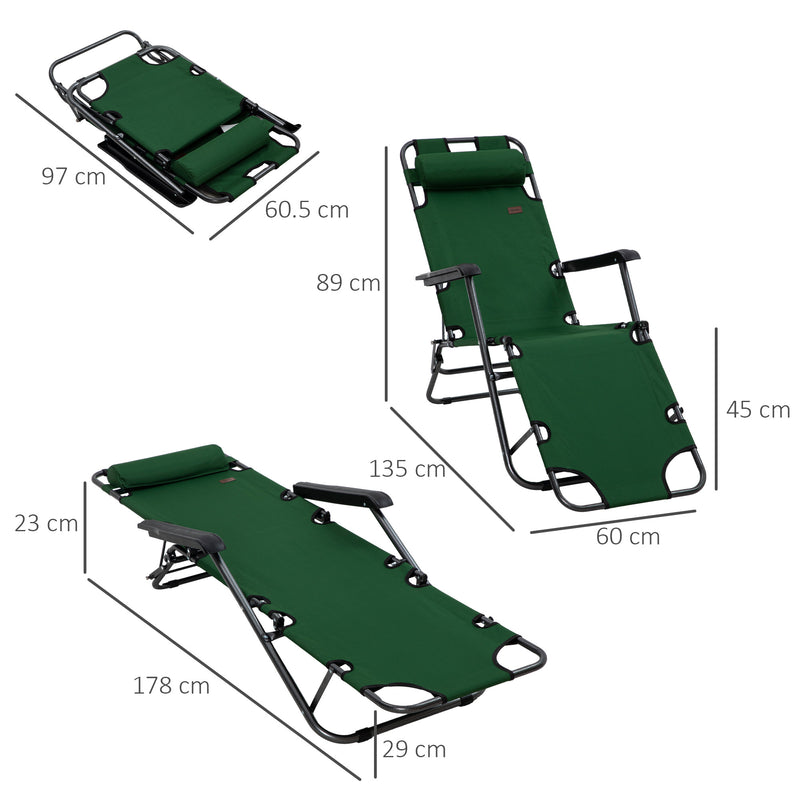 2 Pack Folding Sun Loungers with Adjustable Recline and Pillow for Garden or Camping Green AOSOM