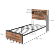 Single Metal Bed Frame With Storage Headboard and Slatted Base For Bedroom, Rustic Brown