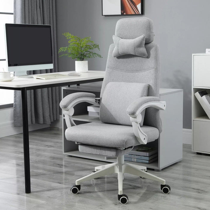 Image of a grey Office Chair With Headrest and Lumbar Support. This ergonomic office chair features lumbar support, a removeable neck pillow, padded arms, extendable footrest, swivel wheels, height adjustable, reclining backrest. It's the perfect chair for ensuring comfort during long work hours and is ideal for home or office.