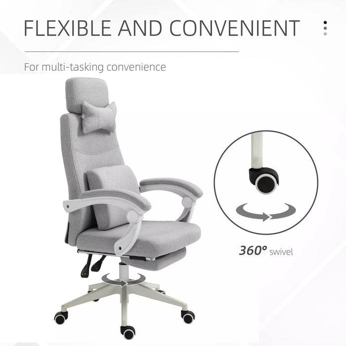 Image of a grey Office Chair With Headrest and Lumbar Support. This ergonomic office chair features lumbar support, a removeable neck pillow, padded arms, extendable footrest, swivel wheels, height adjustable, reclining backrest. It's the perfect chair for ensuring comfort during long work hours and is ideal for home or office.