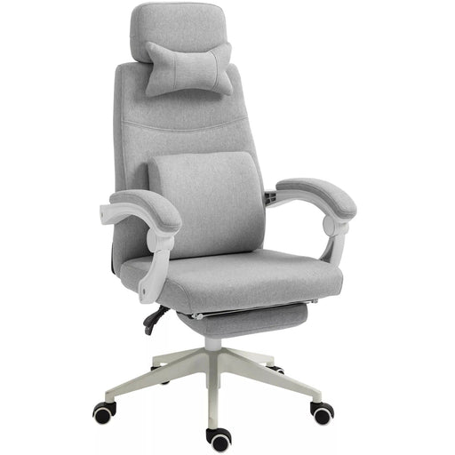 Image of a grey Office Chair With Headrest and Lumbar Support. This ergonomic office chair features lumbar support, a removeable neck pillow, padded arms, extendable footrest, swivel wheels, height adjustable, reclining backrest. It's the perfect chair for ensuring comfort during long work hours and is ideal for home or office.