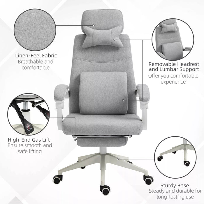 Image of a grey Office Chair With Headrest and Lumbar Support. This ergonomic office chair features lumbar support, a removeable neck pillow, padded arms, extendable footrest, swivel wheels, height adjustable, reclining backrest. It's the perfect chair for ensuring comfort during long work hours and is ideal for home or office.