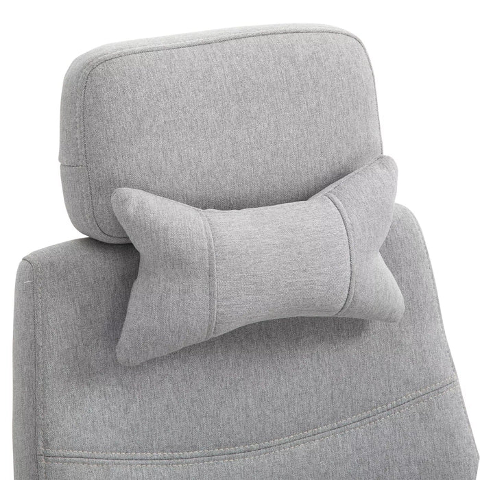 Image of a grey Office Chair With Headrest and Lumbar Support. This ergonomic office chair features lumbar support, a removeable neck pillow, padded arms, extendable footrest, swivel wheels, height adjustable, reclining backrest. It's the perfect chair for ensuring comfort during long work hours and is ideal for home or office.