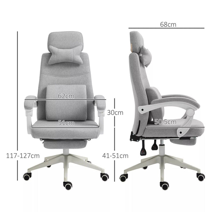 Image of a grey Office Chair With Headrest and Lumbar Support. This ergonomic office chair features lumbar support, a removeable neck pillow, padded arms, extendable footrest, swivel wheels, height adjustable, reclining backrest. It's the perfect chair for ensuring comfort during long work hours and is ideal for home or office.