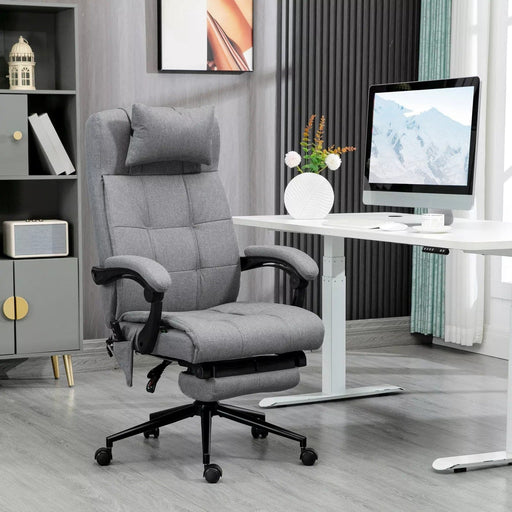 Image of an Office Chair With Heat and Massage. The chair is upholstered with grey fabric and features a footrest, swivel wheels, padded arms, a removeable neck pillow, and tilt/height adjust.