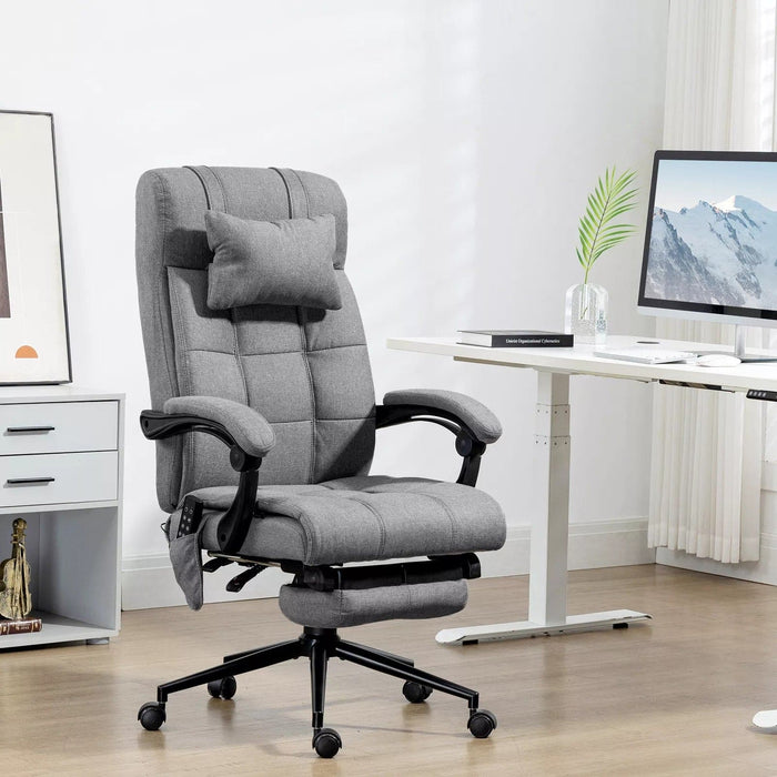 Image of an Office Chair With Heat and Massage. The chair is upholstered with grey fabric and features a footrest, swivel wheels, padded arms, a removeable neck pillow, and tilt/height adjust.