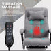 Image of an Office Chair With Heat and Massage. The chair is upholstered with grey fabric and features a footrest, swivel wheels, padded arms, a removeable neck pillow, and tilt/height adjust.