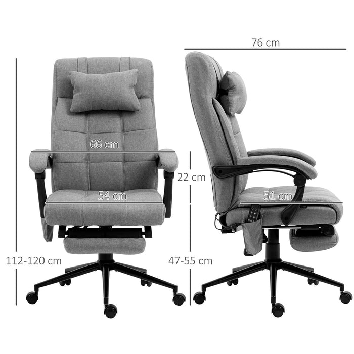 Image of an Office Chair With Heat and Massage. The chair is upholstered with grey fabric and features a footrest, swivel wheels, padded arms, a removeable neck pillow, and tilt/height adjust.