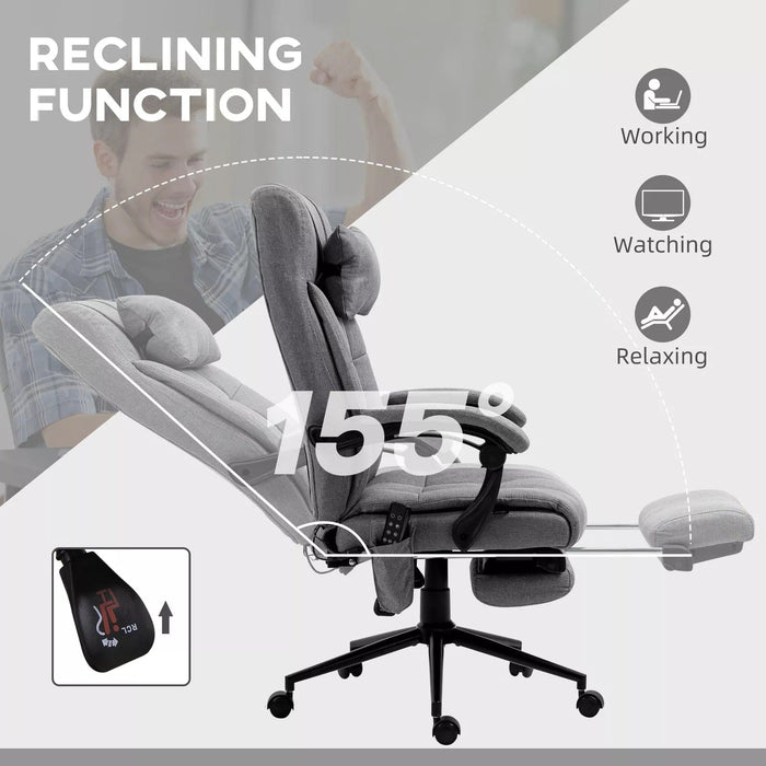 Image of an Office Chair With Heat and Massage. The chair is upholstered with grey fabric and features a footrest, swivel wheels, padded arms, a removeable neck pillow, and tilt/height adjust.