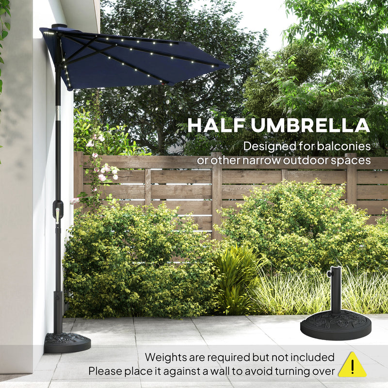 Half Parasol for Balcony or Small Patio with Solar LED Lights and Tilt, Dark Blue