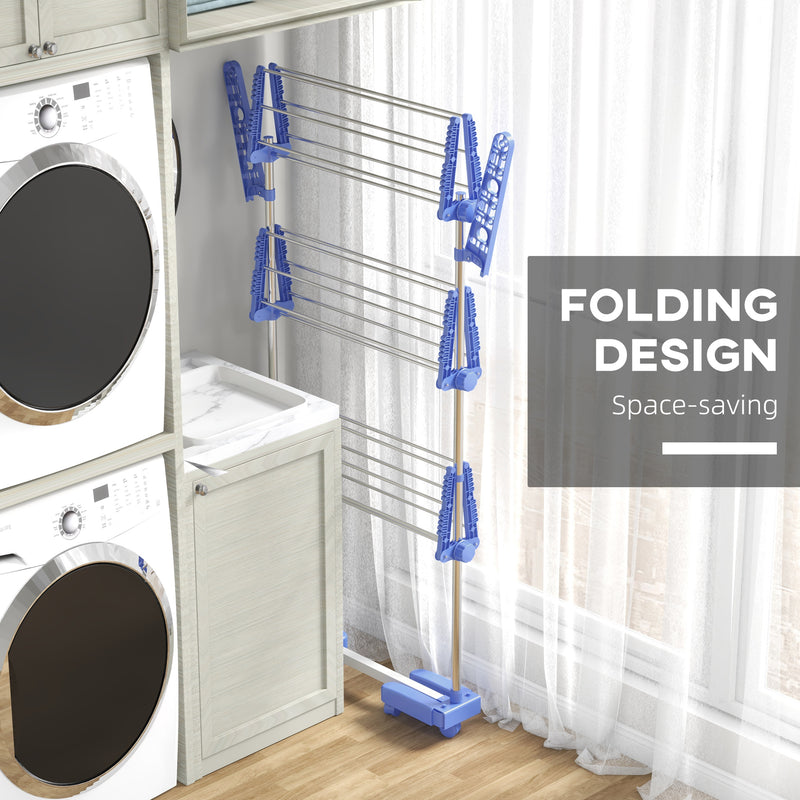 Folding Three Tier Clothes Airer With Side Arms And Wheels For Indoor Drying, Blue