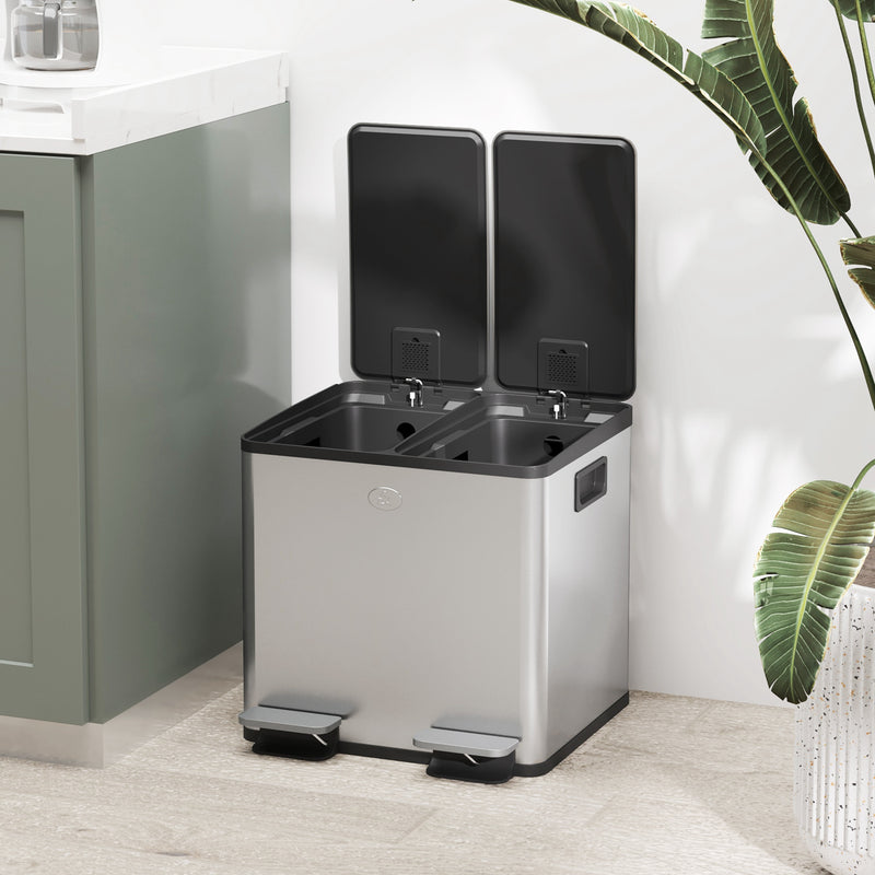 30L Dual Compartment Kitchen Recycling Bin with Deodoriser Holders Stainless Steel Silver