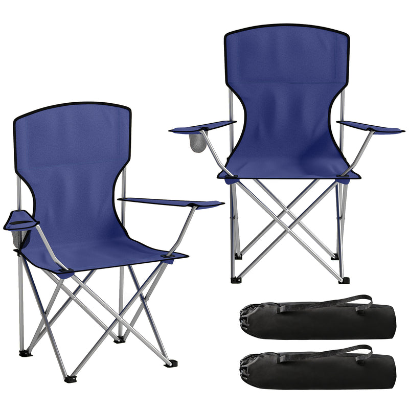 Folding Camping Chair Set of 2 with High Back and Cup Holder for Garden or Campsite Dark Blue
