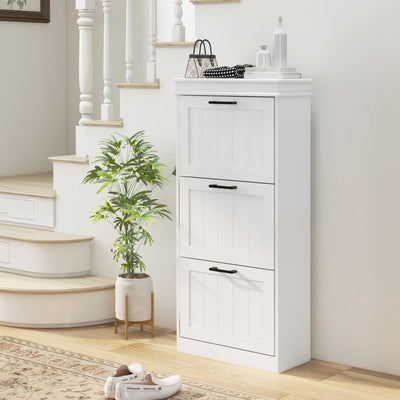 Three Drawer Shoe Storage Cabinet Holds 15 Pairs Space Saving Hallway Unit White