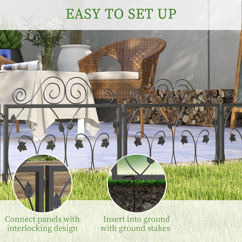 Garden Fence Panels Set of 4 Black Metal 57cm Decorative Leaf Design for Borders Outsunny