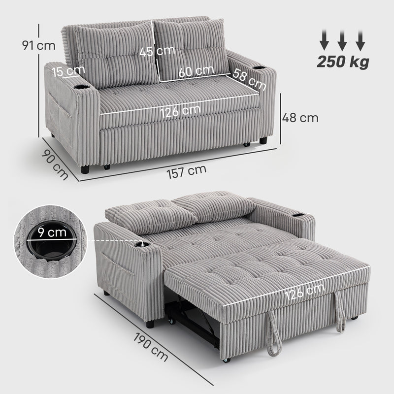 2 Seater Click Clack Sofa Bed With Pull Out Design For Guests Corduroy Upholstery Light Grey