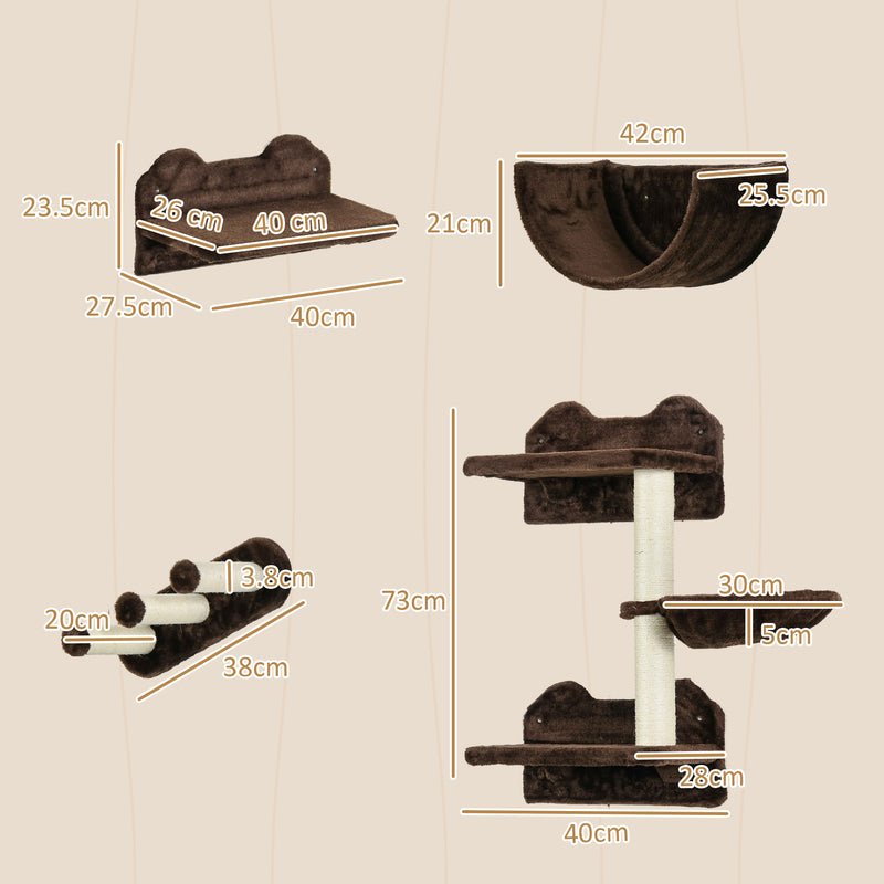 Wall Mounted Cat Shelves with Hammock Nest and Scratching Post for Climbing Fun Brown