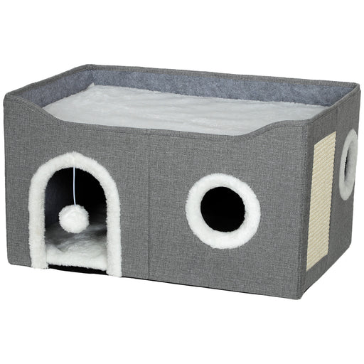 Foldable Indoor Cat House with Scratch Pad and Hanging Toy for Small Pets Grey