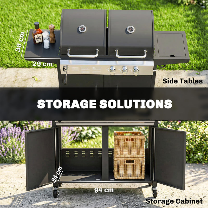 Dual Fuel BBQ Grill with 2900cm² Cooking Area, Side Burner and Storage Cabinet, Black Outsunny