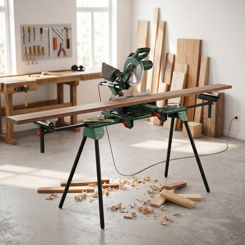 Mitre Saw Stand with Adjustable Rollers for Stable Timber Cutting Green