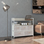 Rustic Chest of 5 Fabric Storage Drawers in Natural Wood Finish for Bedroom