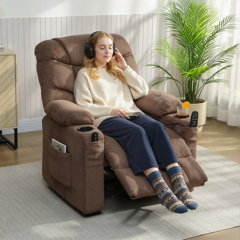 Electric Recliner Armchair With Heat Vibration USB and Cup Holders For Home Use Brown AOSOM
