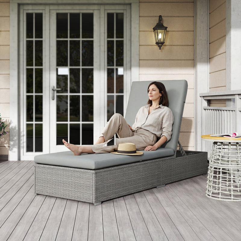Rattan Sun Lounger with Adjustable Backrest and Padded Seat for Garden Relaxation, Light Grey Outsunny