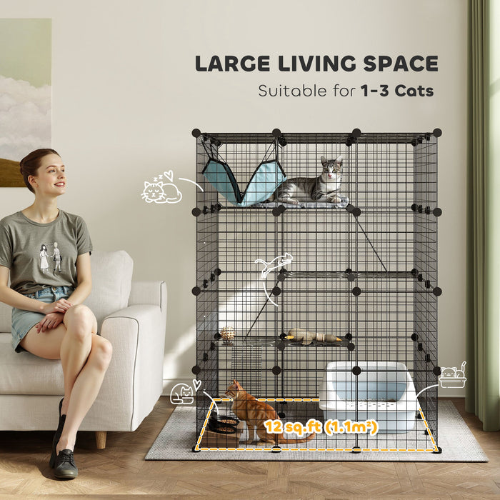 Black Steel Wire Cat Cage with Hammock and Ramps for 1-3 Cats by PawHut
