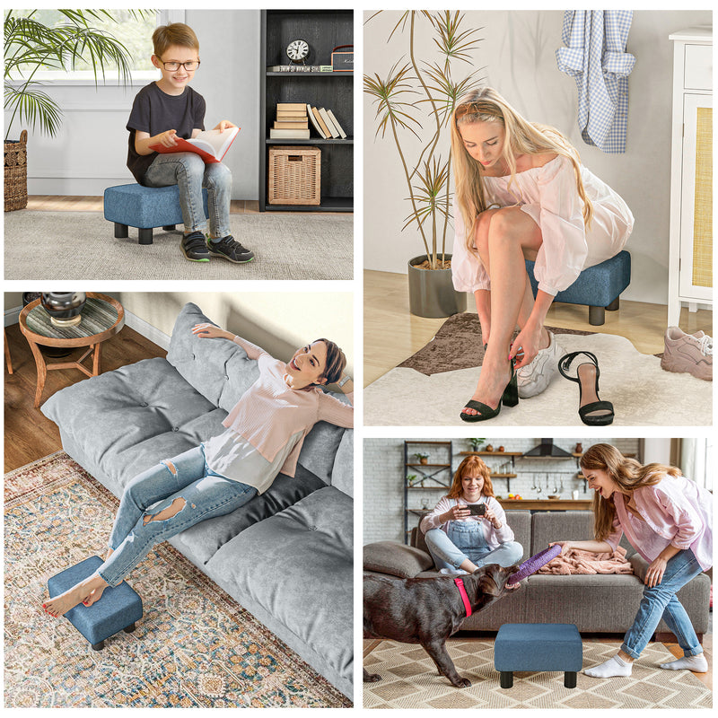 Linen Fabric Footstool Ottoman Cube With Sturdy Legs for Living Room Comfort, Blue