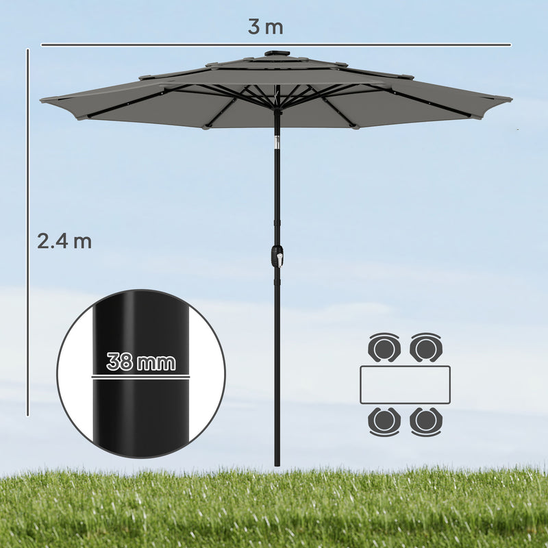 Garden Parasol with Adjustable Tilt and Three-Tier Vent for Cool Outdoor Shade Grey Outsunny