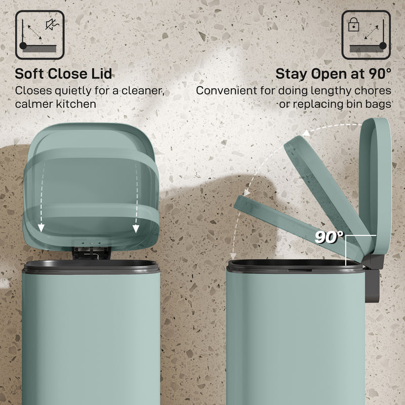 Green 30L Pedal Kitchen Bin with Soft Close Lid and Removable Inner Bucket for Home Use
