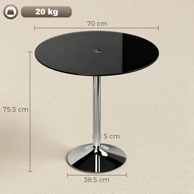 2 Seat Round Black Glass Dining Table for Small Spaces with Stable Metal Base